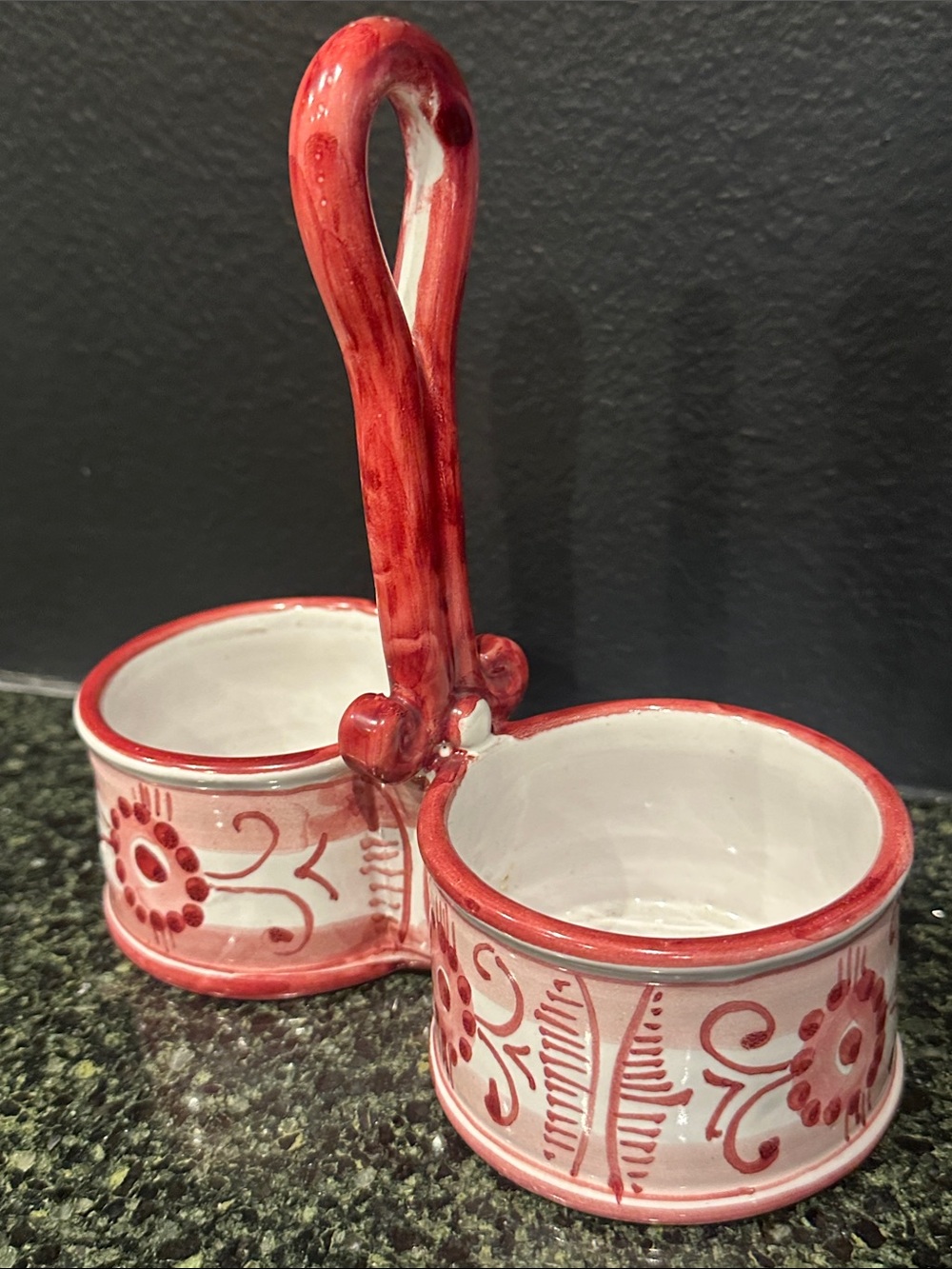 Italian olive caddy Ceramic condiment Server double with handle Italy